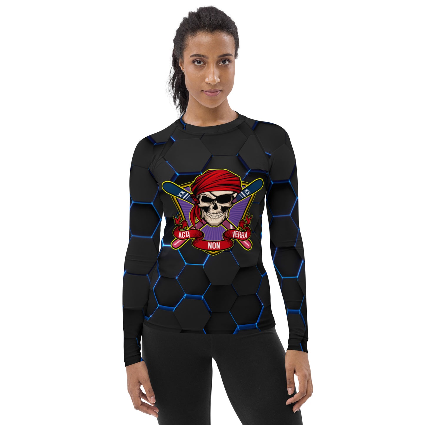 Women's Hexcentric Black Rash Guard - Skiing